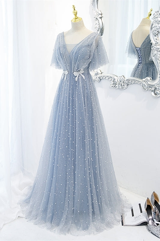 Soft Light Blue Tulle Long Formal Dress with Flutter Sleeves