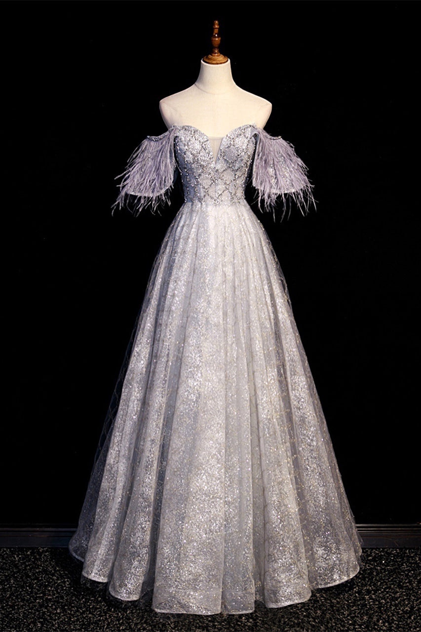 Stunning Silver A-line Off the Shoulder Long Formal Dress