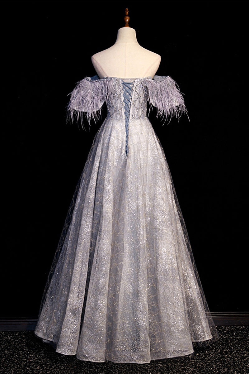 Stunning Silver A-line Off the Shoulder Long Formal Dress