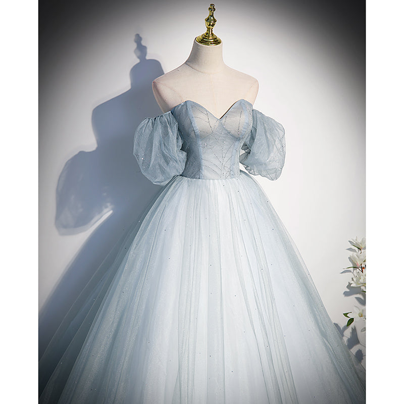 Sweetheart Blue A-line Long Formal Dress with Short Sleeves 