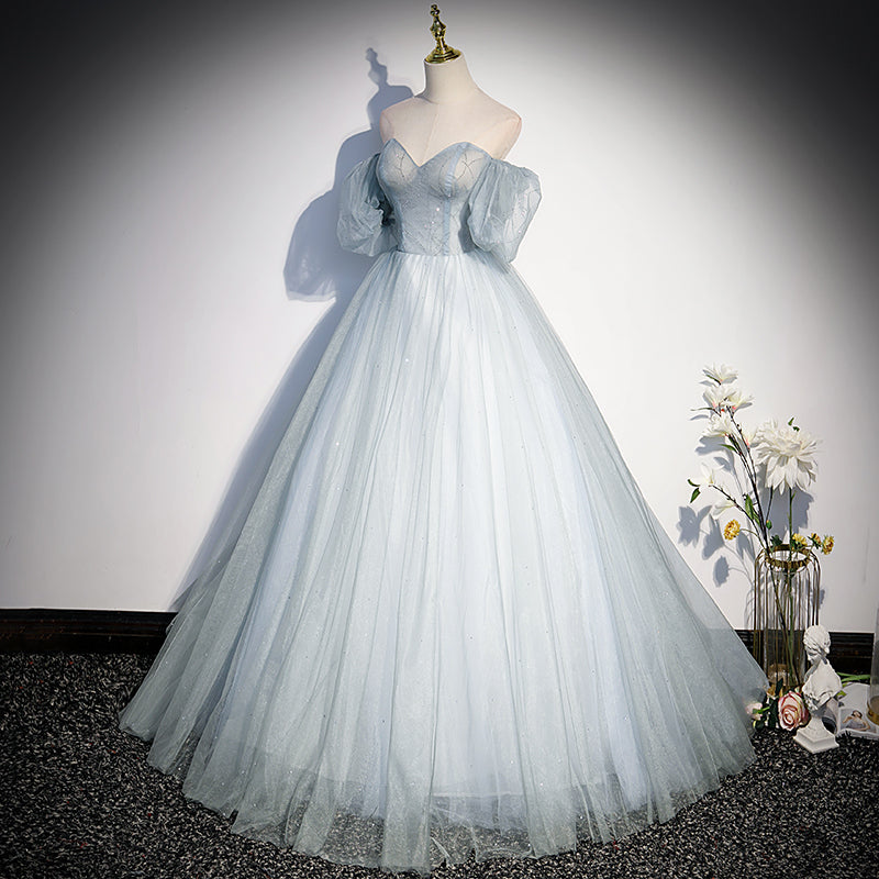 Sweetheart Blue A-line Long Formal Dress with Short Sleeves 