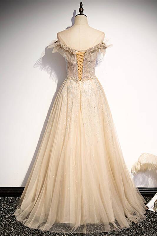 Off the Shoulder Champagne Long Party Dress