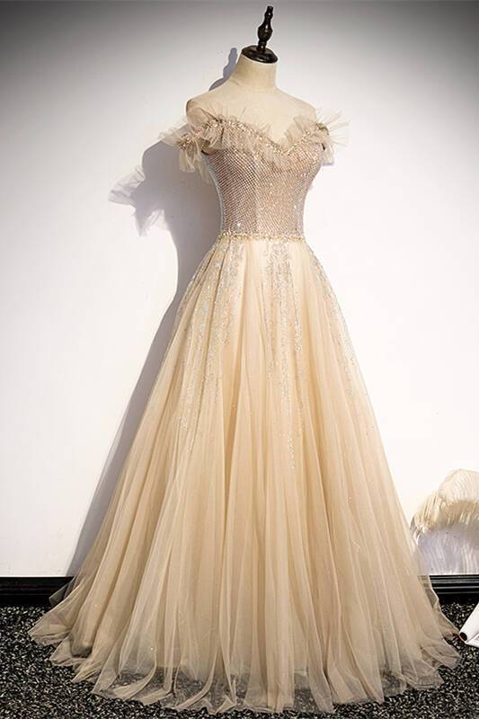 Off the Shoulder Champagne Long Party Dress