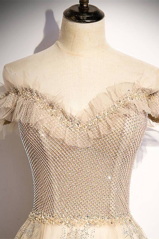 Off the Shoulder Champagne Long Party Dress