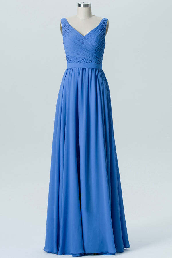 Simple Royal Blue A-line Pleated Long Bridesmaid Dress