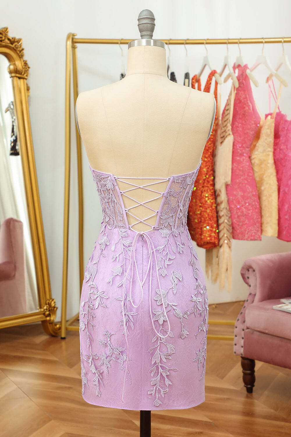 Cute Lavender Lace Sweetheart Tight Mini Dress