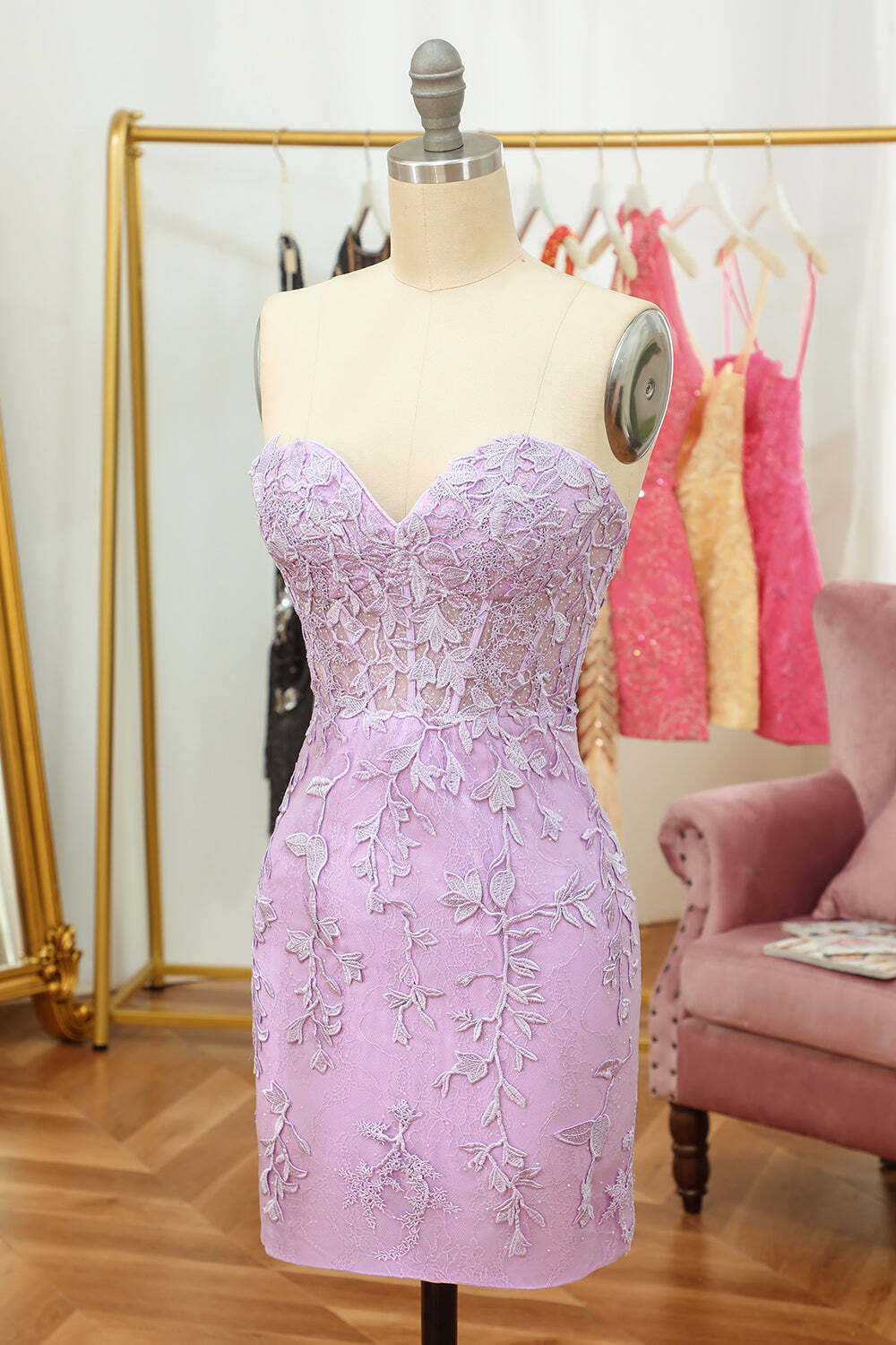 Cute Lavender Lace Sweetheart Tight Mini Dress