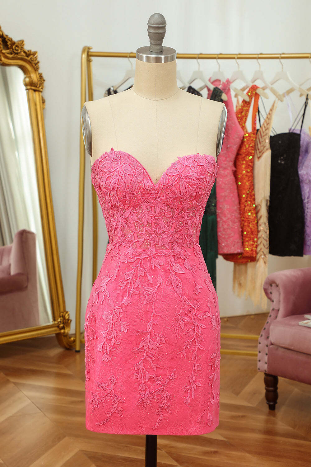 Cute Hot Pink Lace Sweetheart Tight Mini Dress