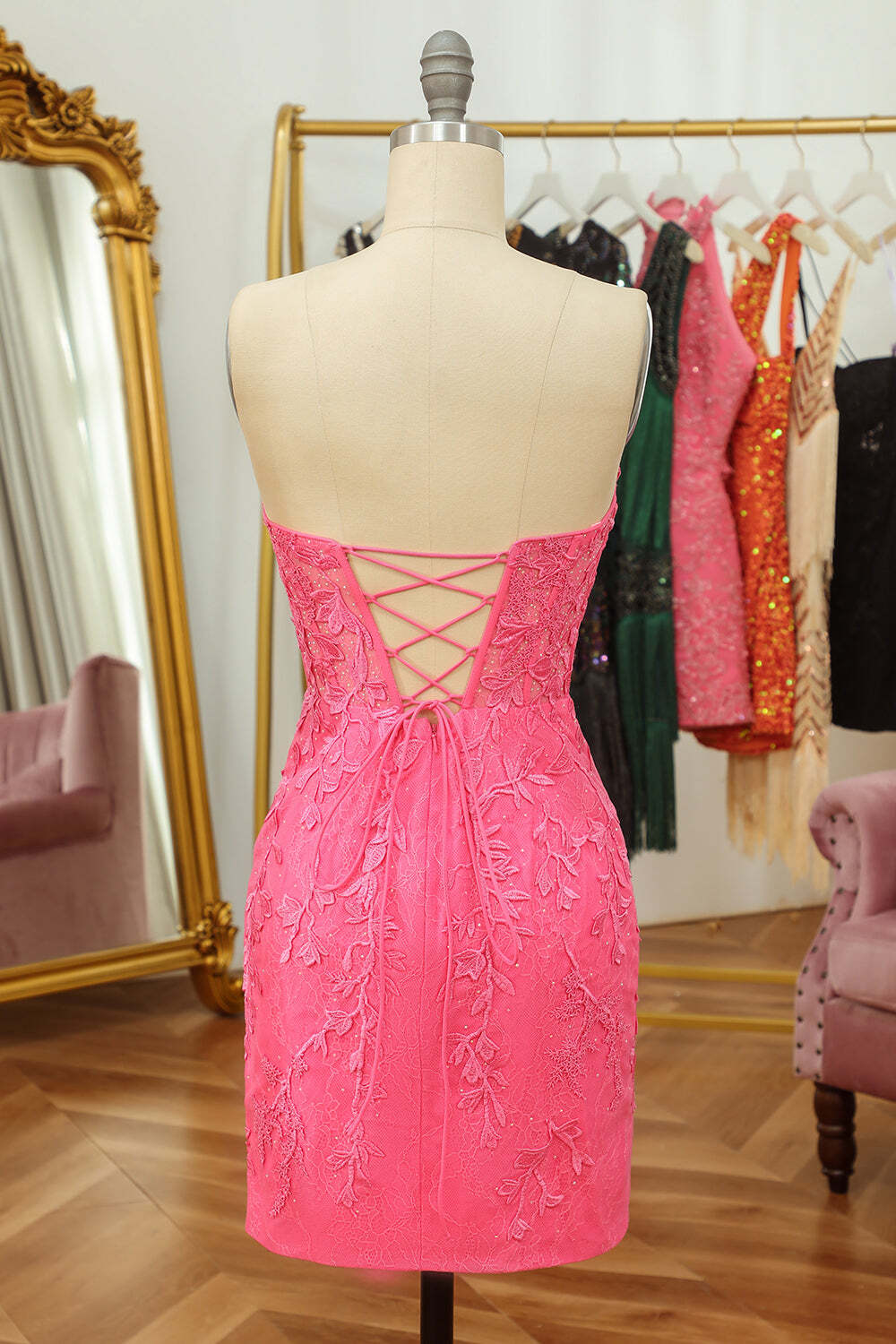 Cute Hot Pink Lace Sweetheart Tight Mini Dress
