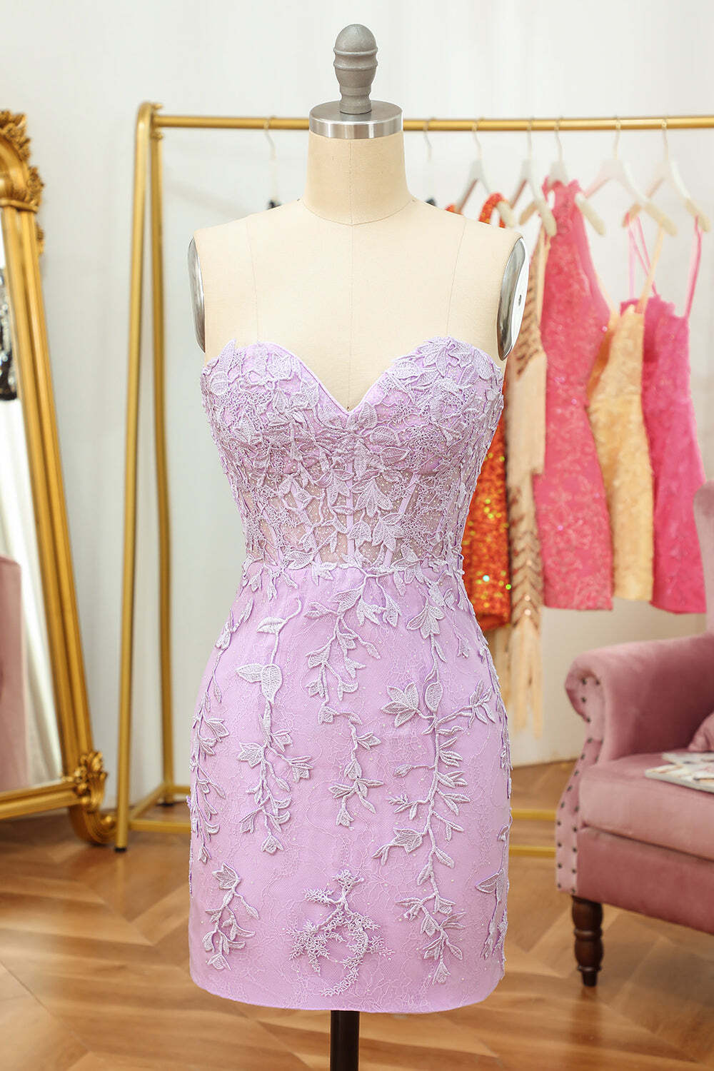 Cute Lavender Lace Sweetheart Tight Mini Dress