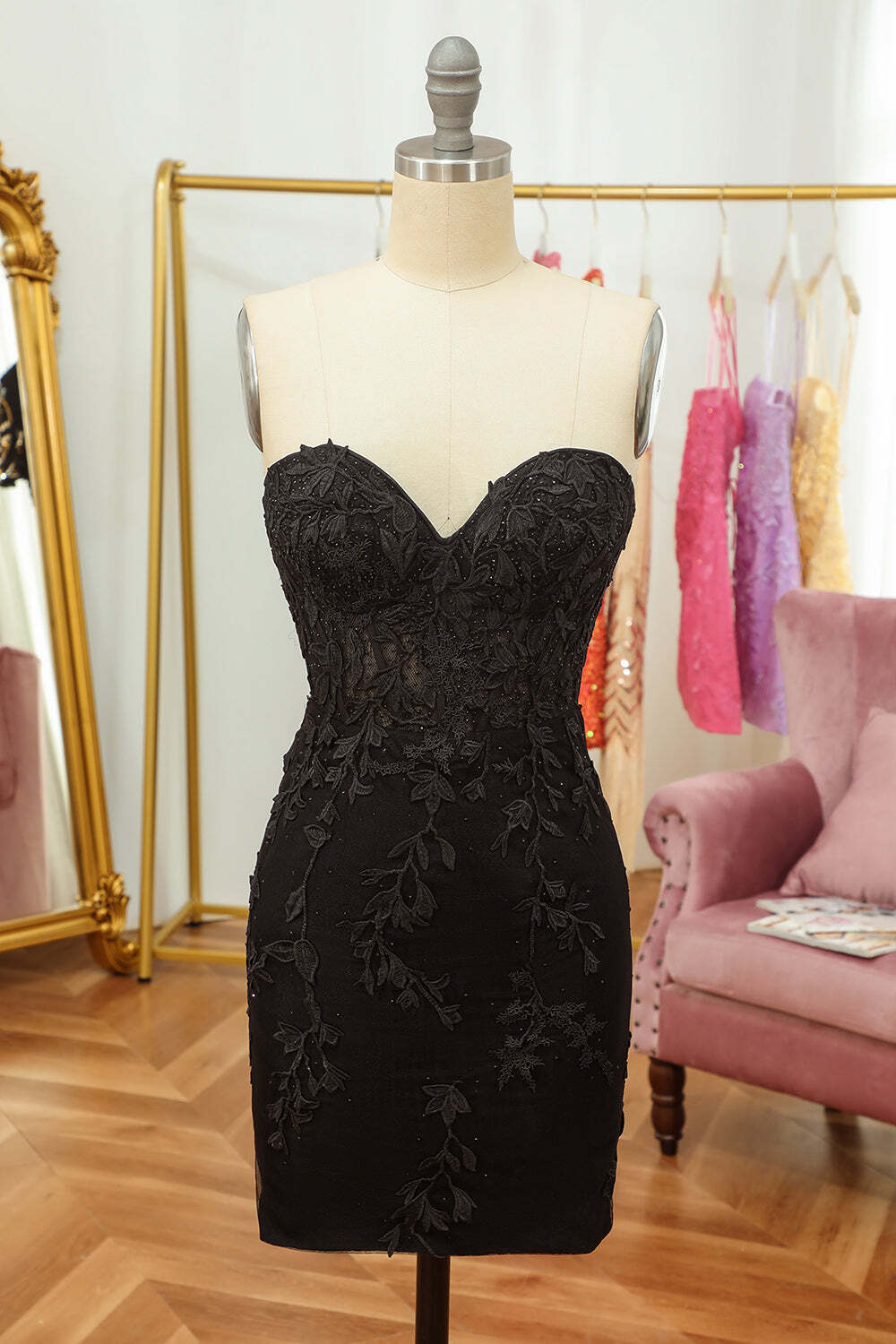 Cute Black Lace Sweetheart Tight Mini Dress