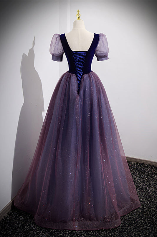 Short Sleeves Purple and Navy Long Formal Dress