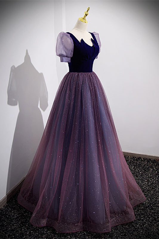 Short Sleeves Purple and Navy Long Formal Dress