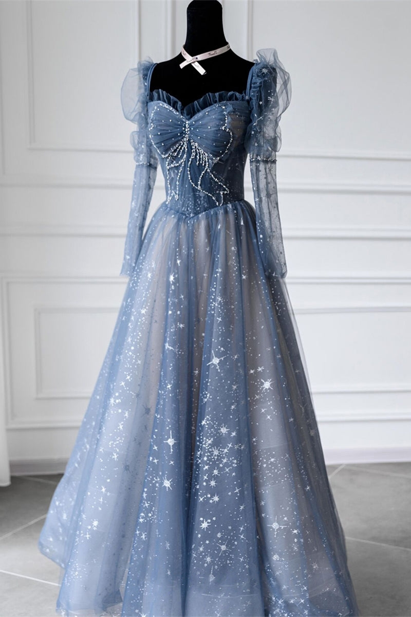 Long Sleeves Blue Beaded Tulle Long Prom Dress 