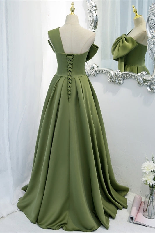 One Shoulder Green A-line Long Formal Dress