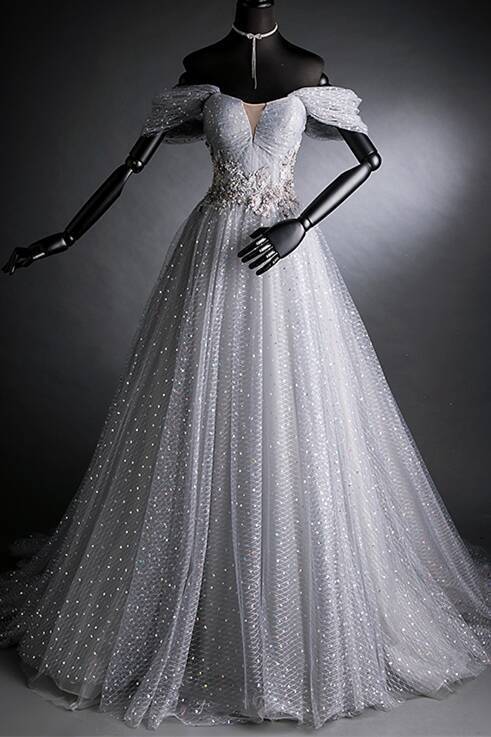 Off the Shoulder Grey Starry Tulle Long Evening Dress