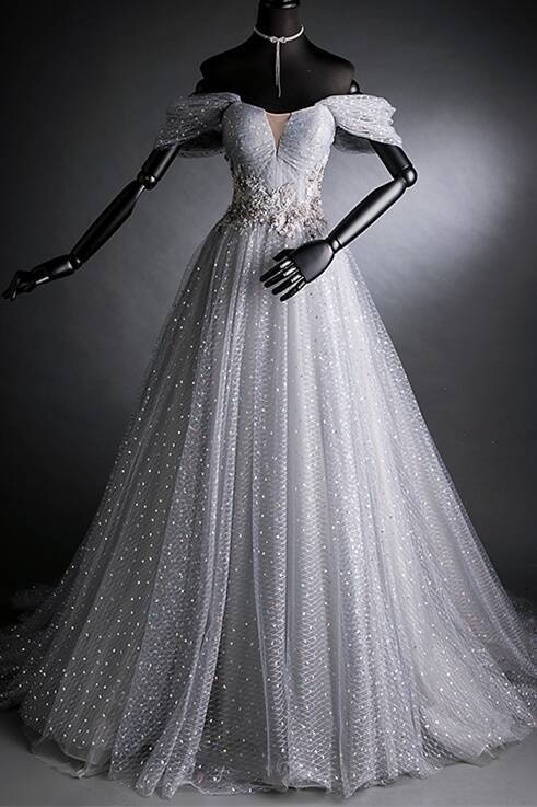 Off the Shoulder Grey Starry Tulle Long Evening Dress  Dressesforparty