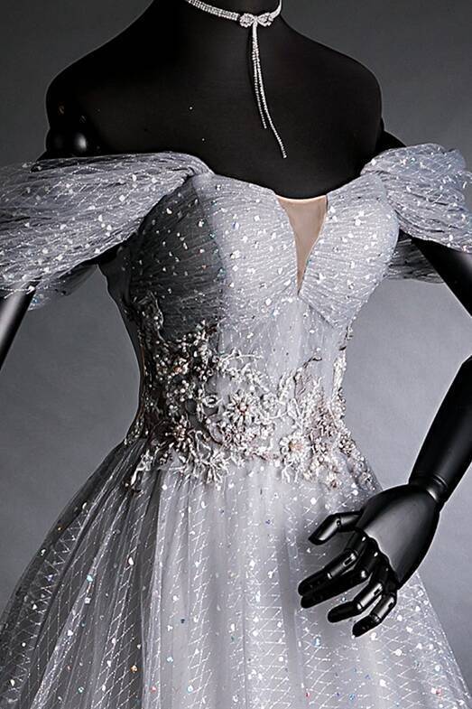 Off the Shoulder Grey Starry Tulle Long Evening Dress