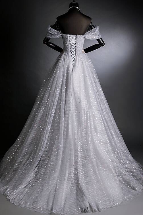 Off the Shoulder Grey Starry Tulle Long Evening Dress