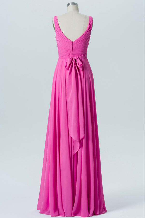 Bright Pink Chiffon Pleated A-line Long Bridesmaid Dress
