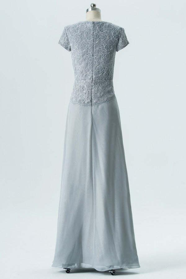 Short Sleeves Grey A-line Lace and Chiffon Long Bridesmaid Dress
