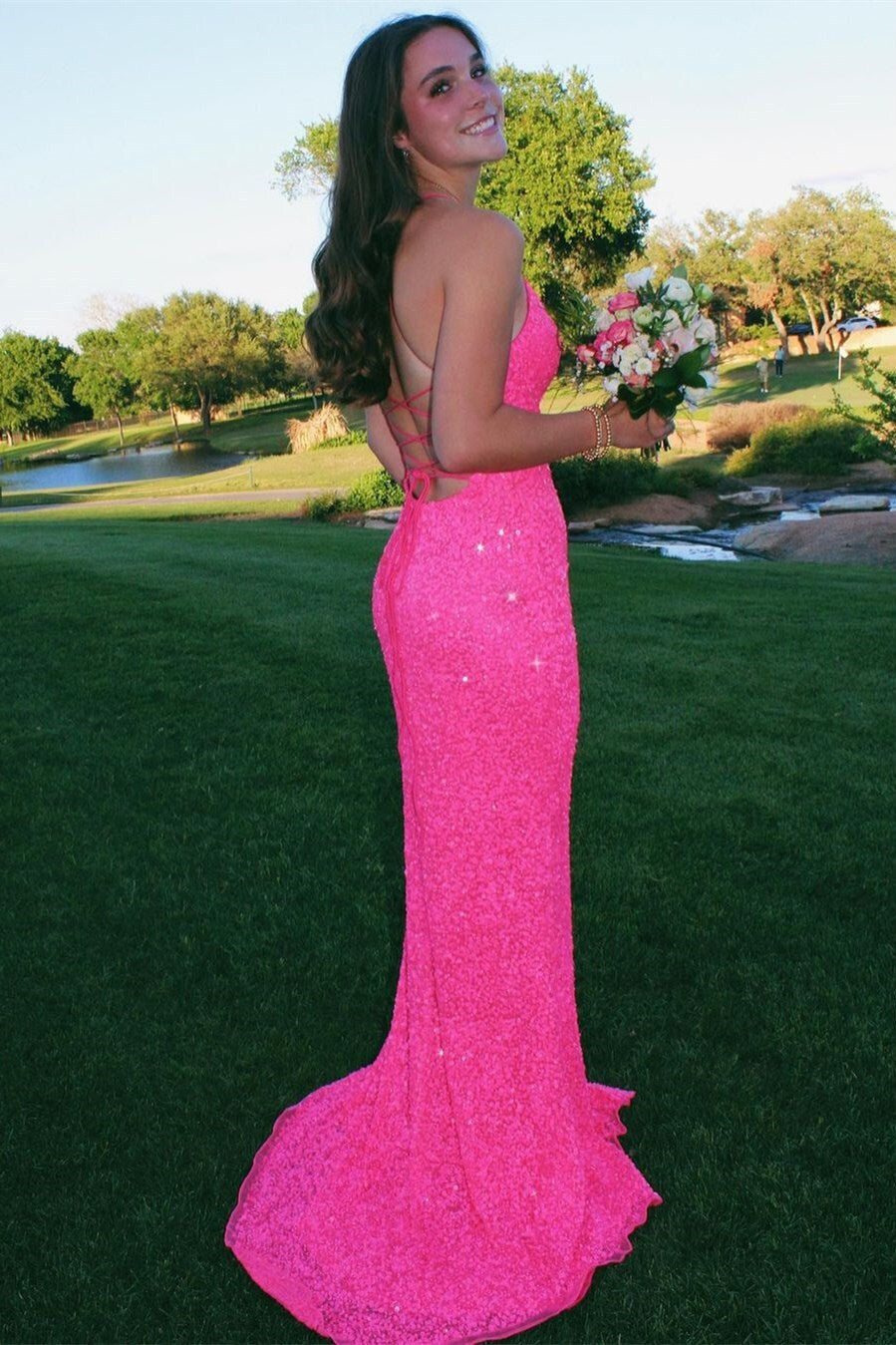 Spaghetti Straps Neon Pink Sequin Mermaid Formal Dress