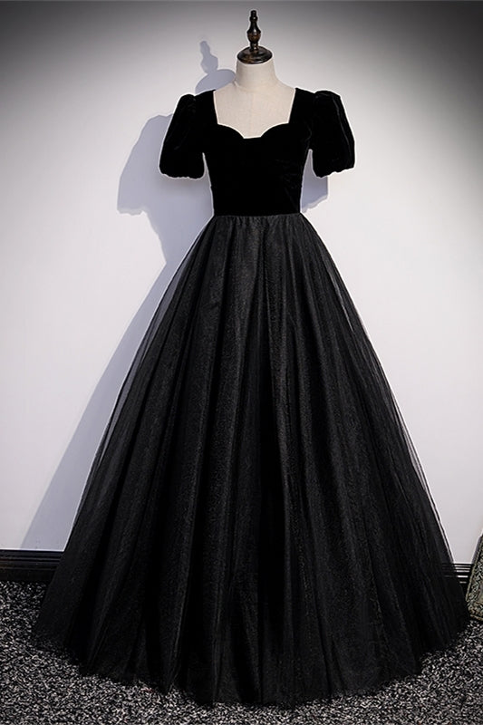 Short Sleeves Black A-line Formal Gown 
