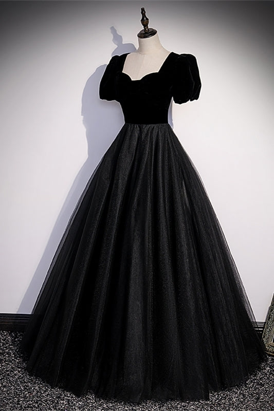 Short Sleeves Black A-line Formal Gown 