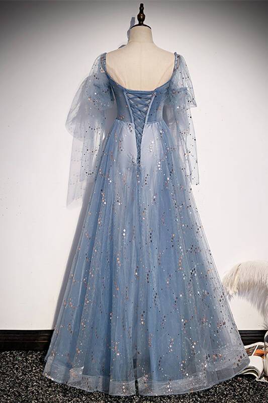 Blue A-line Tulle Fairy Dress with Short Sleeves