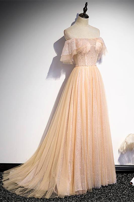 Off the Shoulder Pink Tulle Long Party Dress
