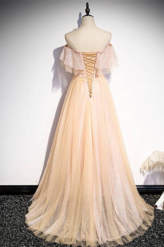 Off the Shoulder Pink Tulle Long Party Dress