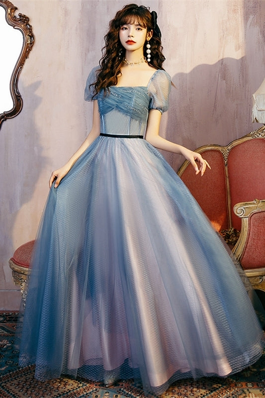 Fairy Short Sleeves Blue Long Formal Dress