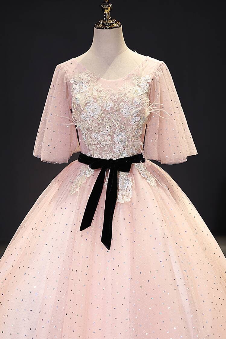 Sparkle Pink Long Ball Gown with Flare Sleeves 