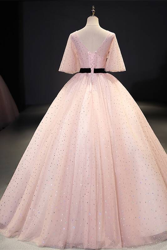 Sparkle Pink Long Ball Gown with Flare Sleeves 