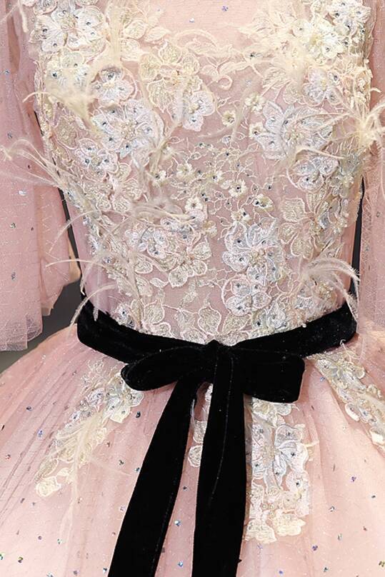 Sparkle Pink Long Ball Gown with Flare Sleeves 