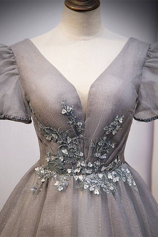 Bell Sleeves Grey Long Ball Gown