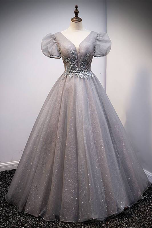 Bell Sleeves Grey Long Ball Gown