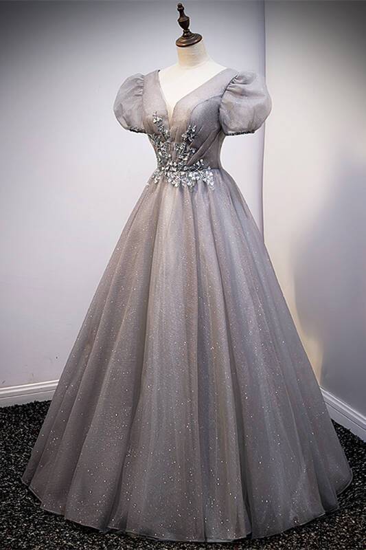 Bell Sleeves Grey Long Ball Gown