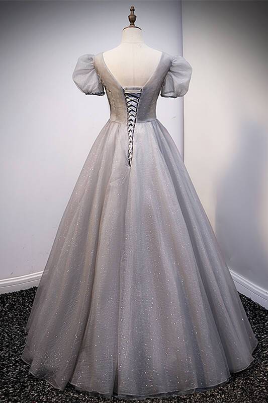 Bell Sleeves Grey Long Ball Gown