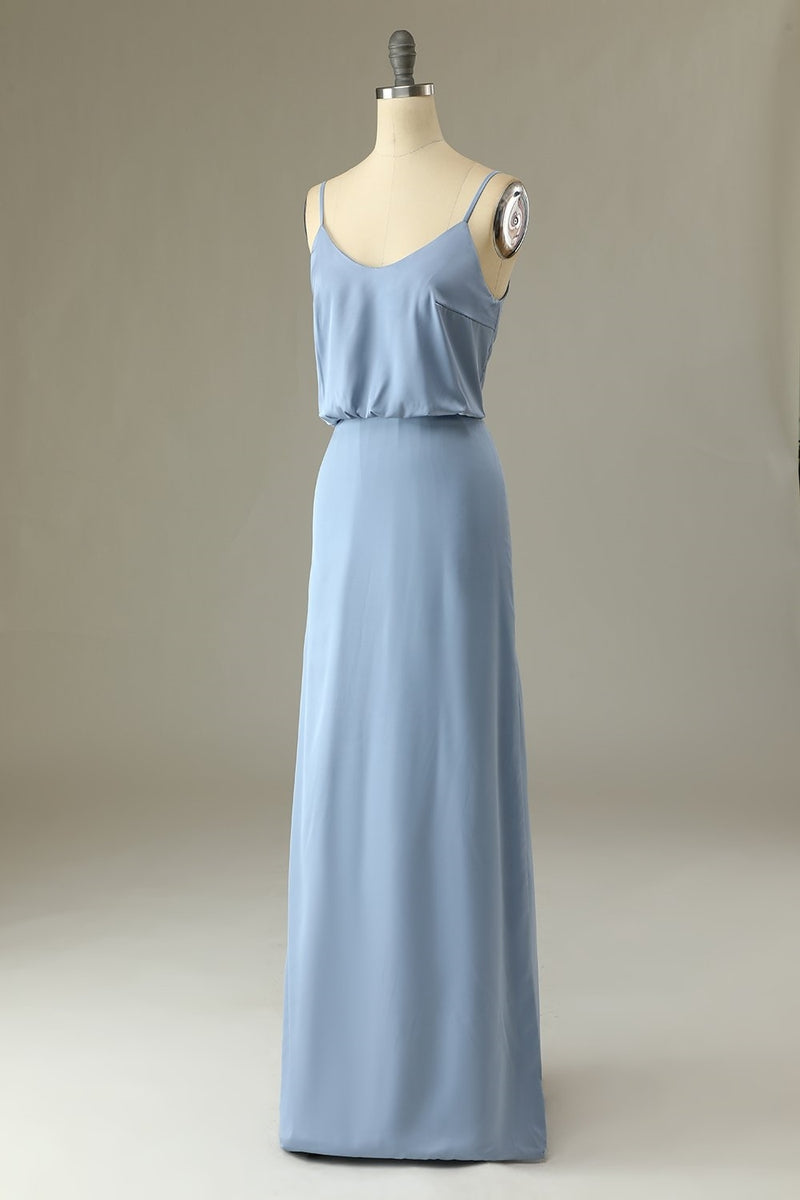 Misty Blue Spaghetti Straps Chiffon Long Bridesmaid Dress