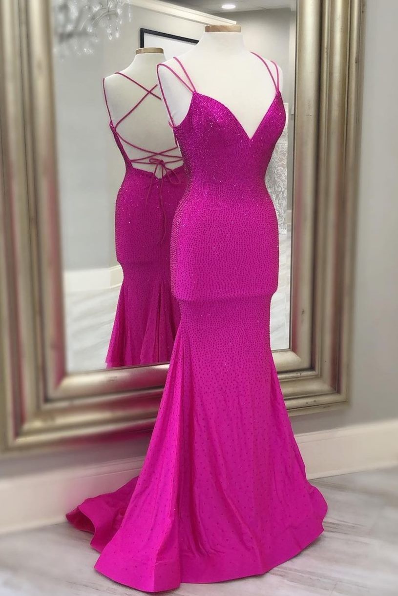 Mermaid Hot Pink Beaded Long Prom Gown 
