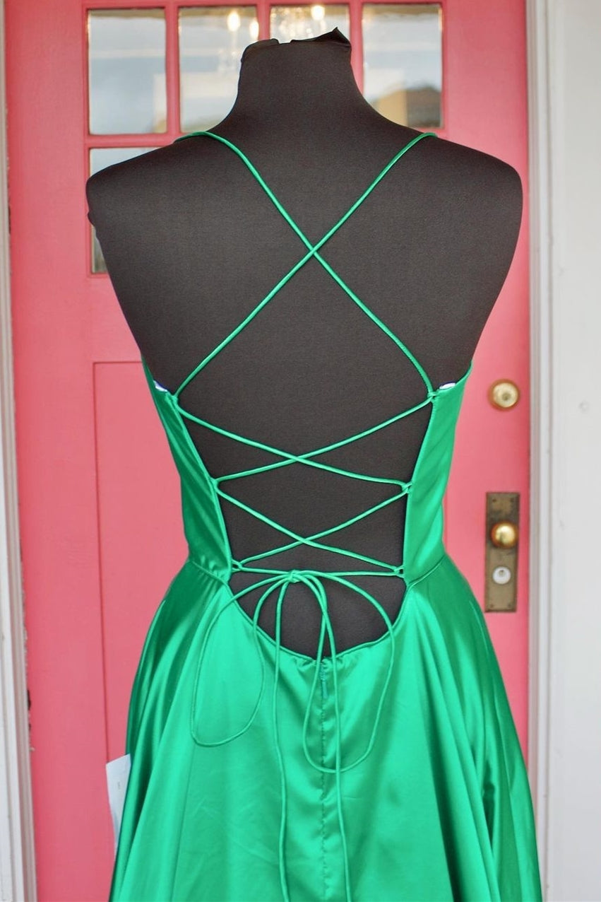 Simple Green A-line Spaghetti Straps Long Prom Dress