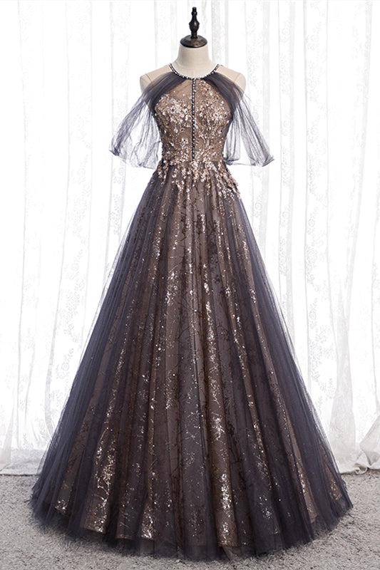 Jewel Brown Tulle and Gold Sequins Long Party Dress 