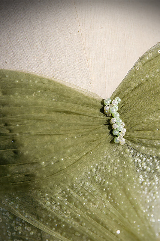 Off the Shoulder Green Tulle A-line Fairy Long Formal Dress