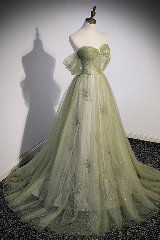 Off the Shoulder Green Tulle A-line Fairy Long Formal Dress