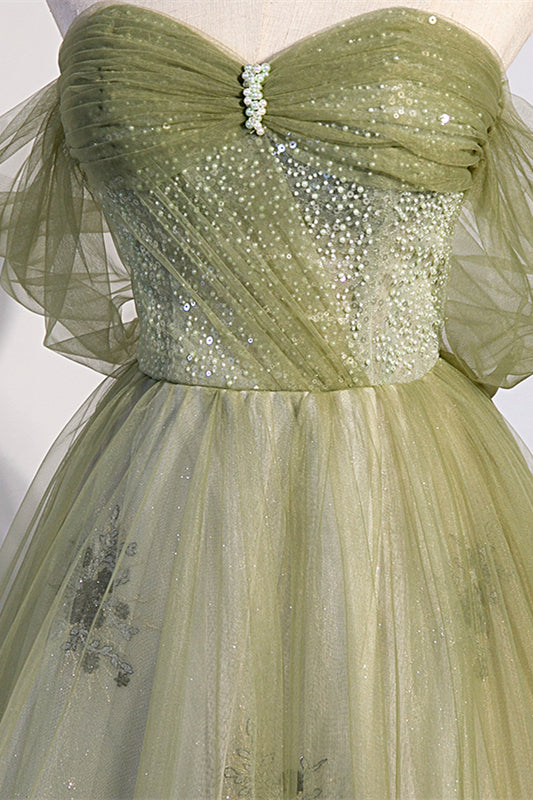 Off the Shoulder Green Tulle A-line Fairy Long Formal Dress