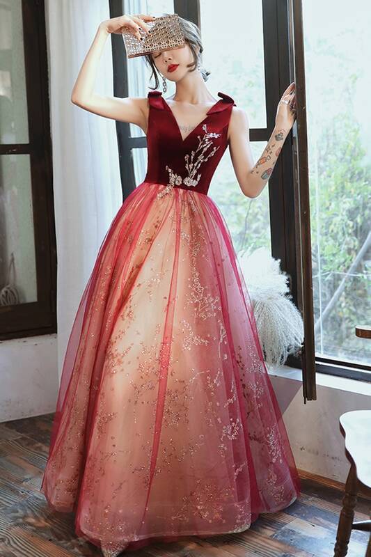 Elegant Wine Red Tulle Long Formal Dress