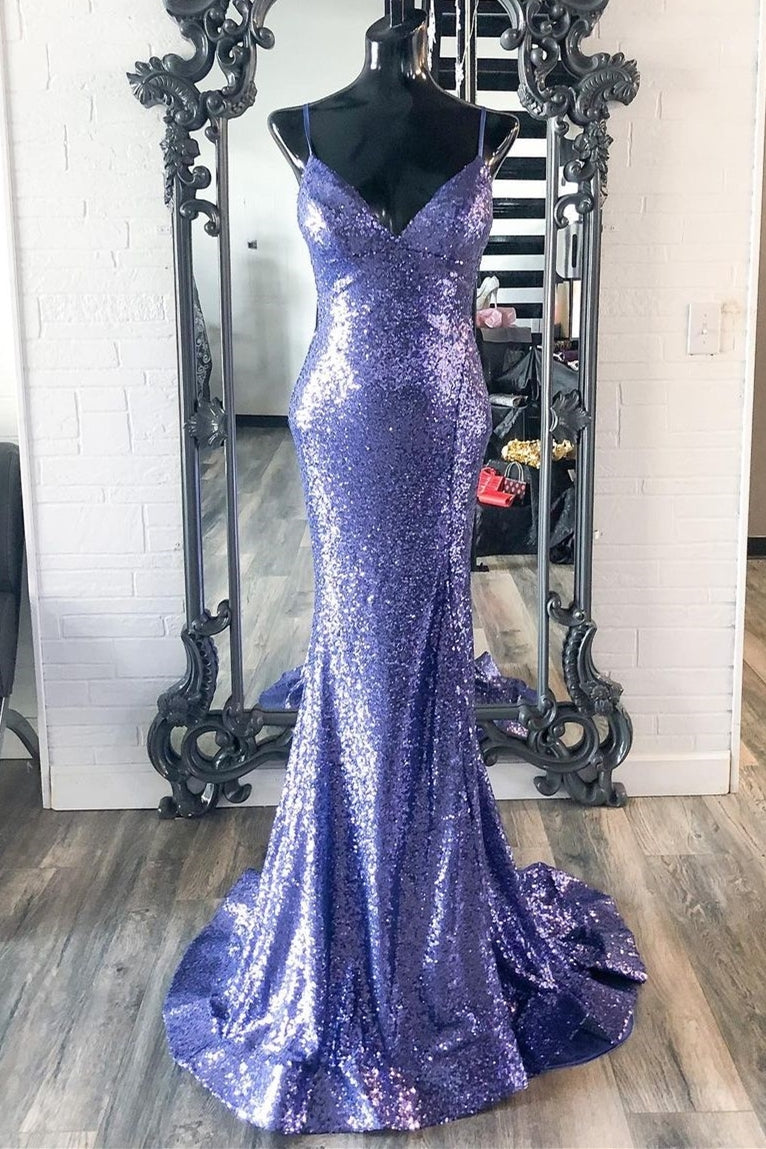 Stunning Purple Sequins Mermaid Backless Long Formal Dress