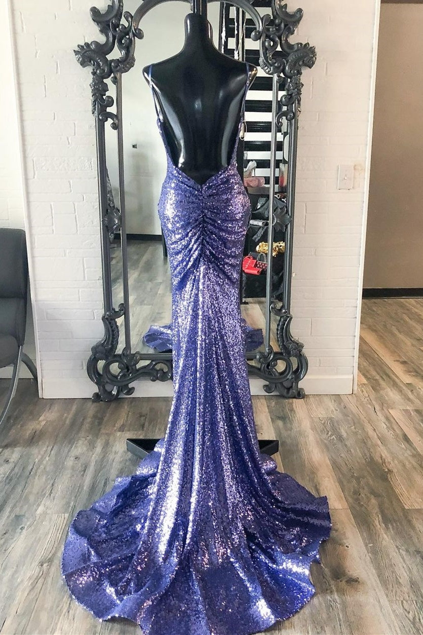 Stunning Purple Sequins Mermaid Backless Long Formal Dress