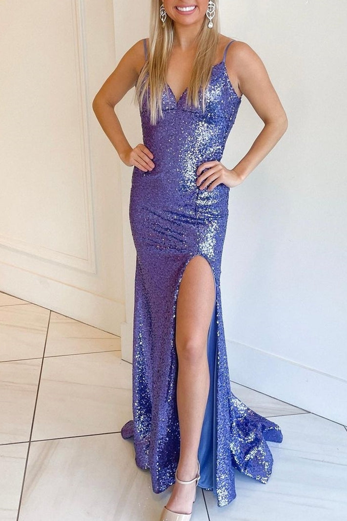 Purple Sequin V-Neck Open Back Mermaid Long Formal Dress  cc1019